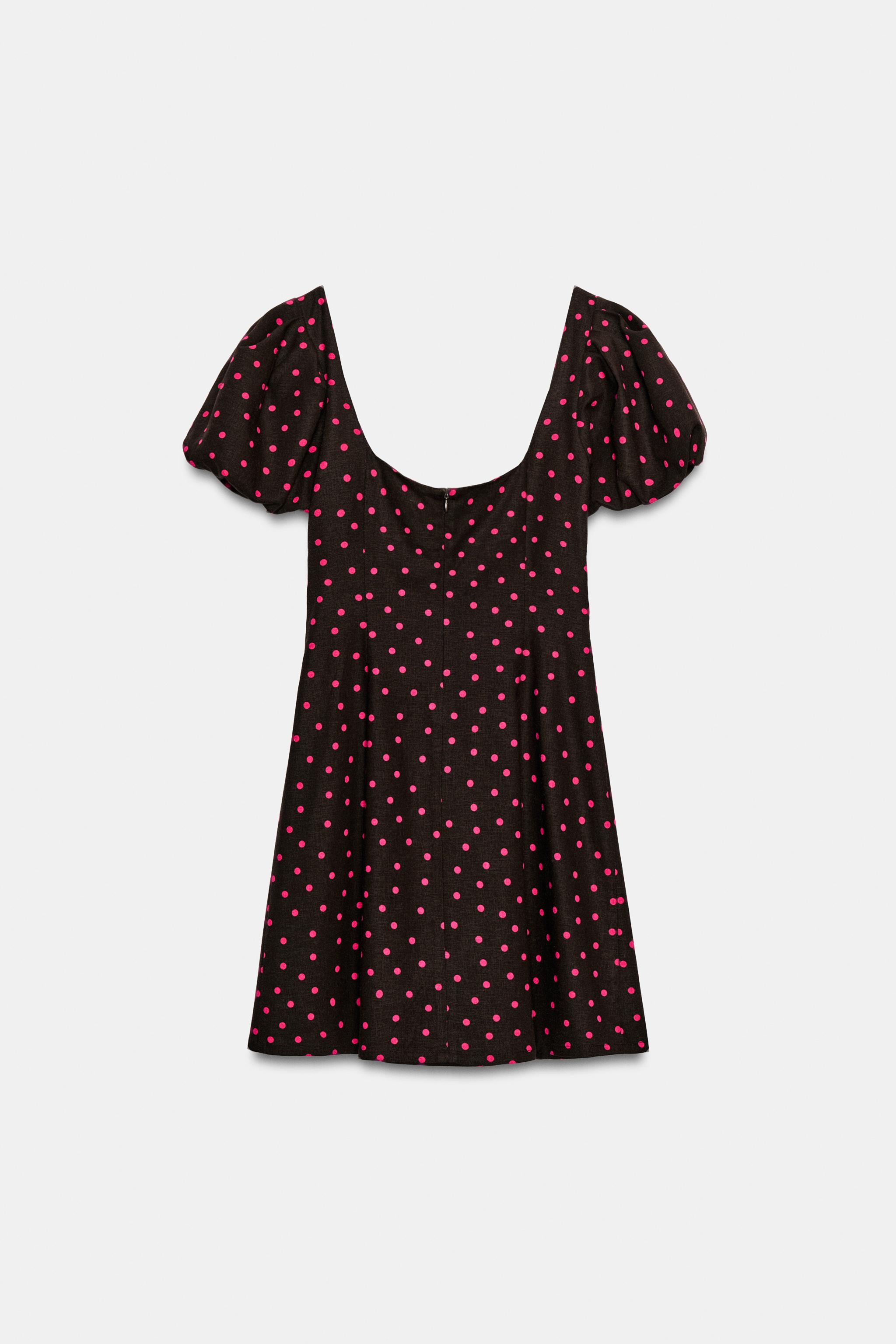 LINEN BLEND BALLOON SLEEVE POLKA DOT DRESS